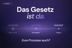 Grafik mit dunkelviolettem Hintergrund und dem Text „Das Gesetz ist da." sowie einer Zeitstrahl-Darstellung der BRSG-II-Meilensteine: 22.01.2026 (BRSG II in Kraft), 01.07.2026 (Hinweispflicht) und 01.01.2027 (Teilrente). Darunter die Frage: „Eure Prozesse auch?"