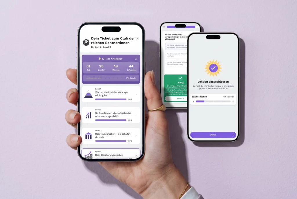 Beatvest App auf dem Smartphone: Mitarbeitende lernen ihre bAV spielerisch in 3-Minuten-Modulen — Penzilla x Beatvest Kooperation