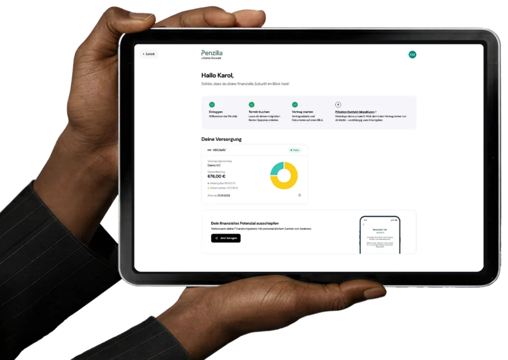 2 Hände halten ein Ipad mit einem Dashboard. Zu sehen ist die Penzilla-App.