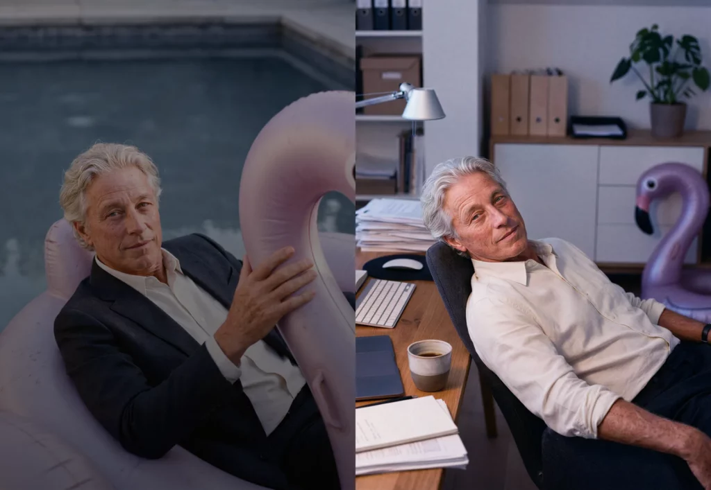 Zweigeteiltes Bild: links liegt ein Mann um 70 im Anzug auf einem Flamingo-Schwimmreifen in einem Pool, rechts sitzt er im selben Anzug entspannt an seinem Schreibtisch im Büro, im Hintergrund der verstaubte Flamingo.